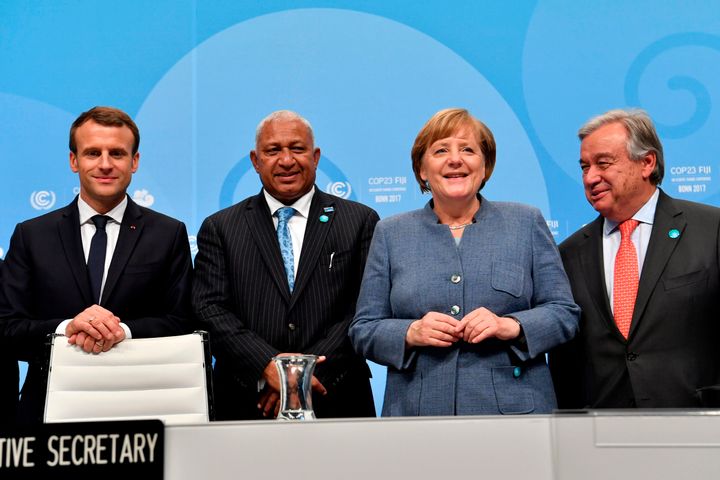 From left to right: French President Emmanuel Macron; prime minister of Fiji and president of COP 23 Frank Bainimarama; German Chancellor Angela Merkel; and UN Secretary-General Antonio Guterres. The leaders pose on Wednesday before the opening session of the United Nations' conference on climate change in Bonn, Germany.