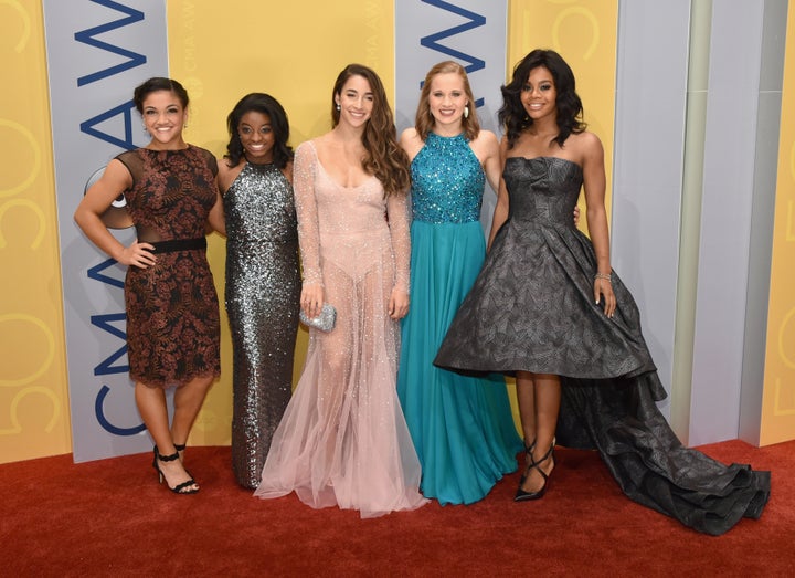 Olympic gymnasts Laurie Hernandez, left, Simone Biles, Aly Raisman, Madison Kocian and Gabby Douglas at the 50th annual CMA Awards in Nashville on Nov. 2, 2016, in Nashville.