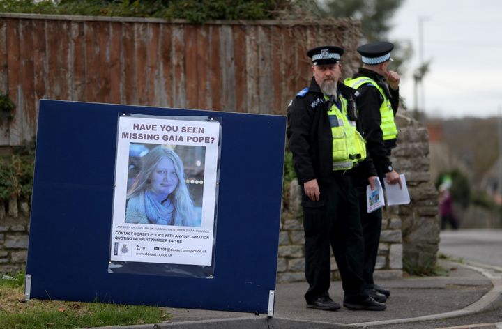 Police put up a missing person notice for Gaia Pope in Swanage, Dorset.