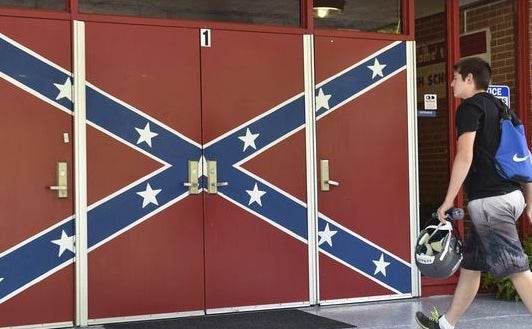 The front door of Hurley High School in Hurley, Virginia circa 2015