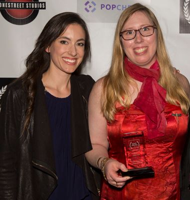<p>Actress Katherine Cello (L) and Best Director winner Holly Chadwick (R) pose for the cameras at NYC Web Fest.</p>