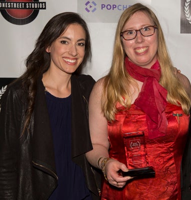 Actress Katherine Cello (L) and Best Director winner Holly Chadwick (R) pose for the cameras at NYC Web Fest.