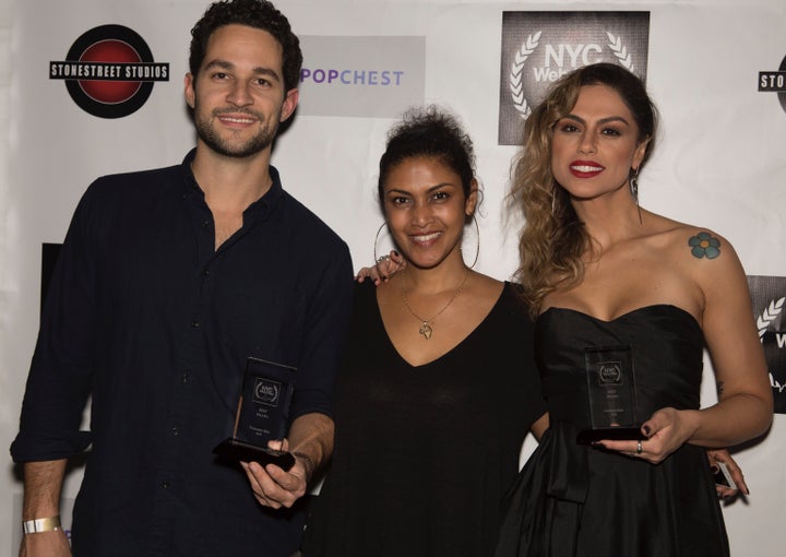 Fernando Belo (L) creator of RED - Best Drama winner and lead actress Ana Paula Lima (R)