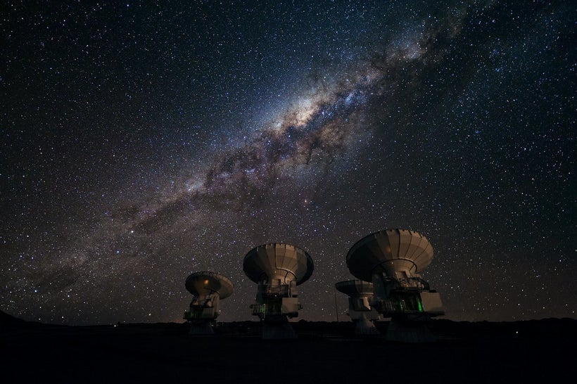 Four of the first ALMA antennas at the Array Operations Site (AOS), located on the Chajnantor plateau in Chile. ALMA, the Ata