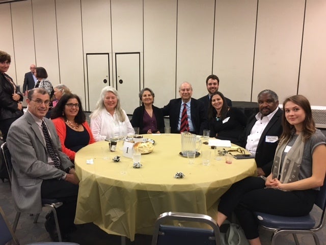 Ambassador Akbar Ahmed (center) and Rabbi Baht Weiss (center-right) are joined by a number of prominent community leaders, including Andra Baylus (third from left) and Imam Benjamin Abdul-Haqq (second from right) for a Shabbat dinner lecture at Temple Beth Ami. Author pictured in rear. 