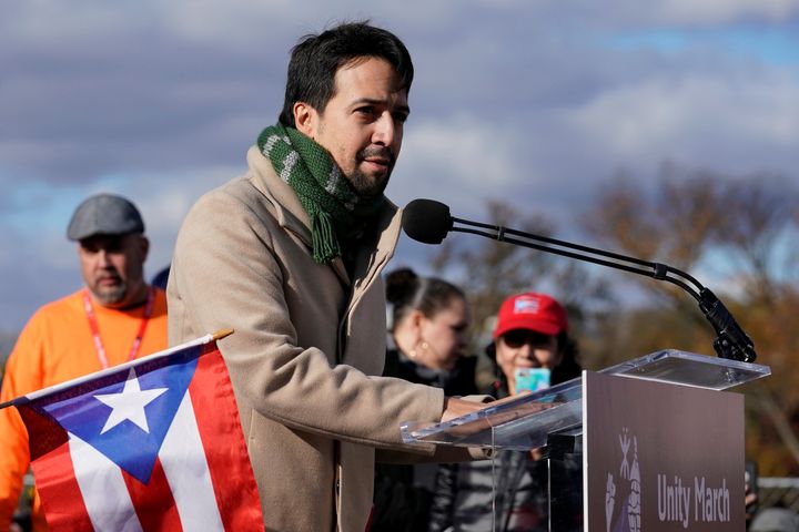 Lin-Manuel Miranda speaks to the crowd at the Lincoln Memorial in Washington on Sunday.