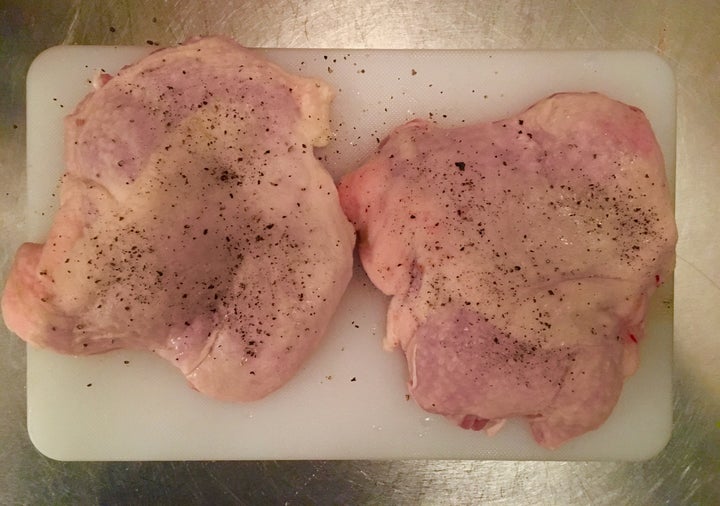 <p>Boned chicken legs, seasoned</p>