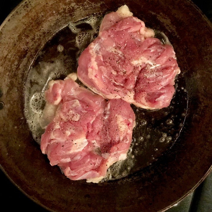 <p>Keep the chicken skin side down for a solid 10 minutes over medium or medium-low heat</p>