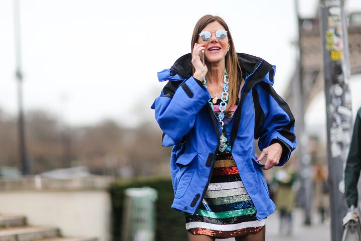 Fashion journalist Anna Dello Russo wore a bright blue jacket in Paris in March.