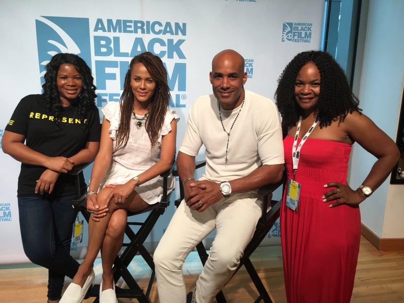 Alonda Thomas with (l-r) Nicole Ari Parker, Boris Kodjoe, and Tosha Whitten-Griggs for the “Downsized” press day at the Amer