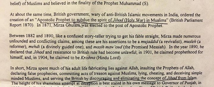 <p>Anti-Ahmadi hate leaflets distributed at the event glorified the ‘Jihadist’ vision and vilified the founder of the Ahmadiyya Muslim Community for rejecting ‘Holy War.’</p>
