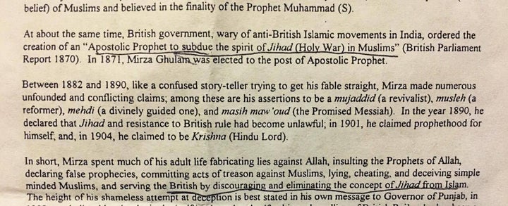 <p>Anti-Ahmadi hate leaflets distributed at the event glorified the ‘Jihadist’ vision and vilified the founder of the Ahmadiyya Muslim Community for rejecting ‘Holy War.’</p>