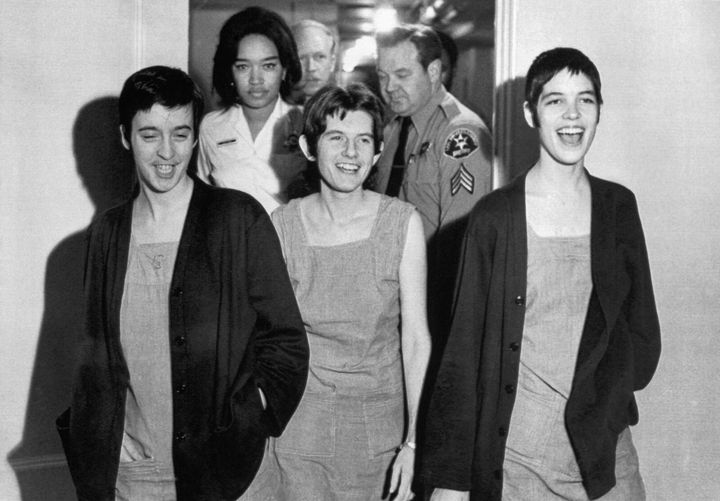 Susan Denise Atkins, left, Patricia Krenwinkel and Leslie Van Houten laugh after receiving the death sentence