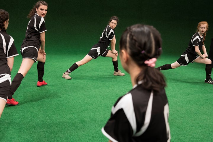 (Facing front) Brenna Coates, Tedra Millan and Susannah Perkins in Sarah DeLappe’s The Wolves 