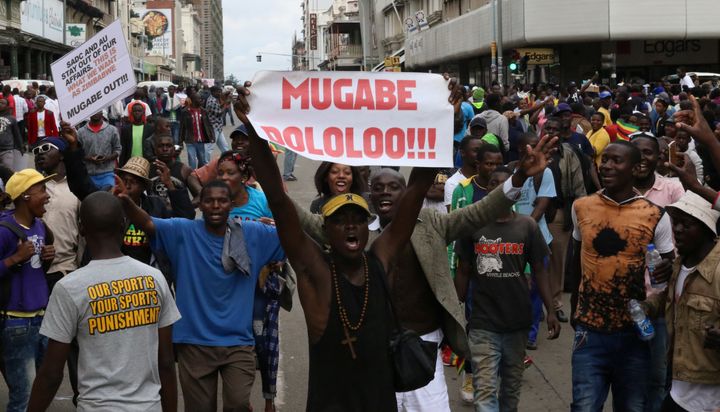 Protesters calling for Robert Mugabe to step down as leader of Zimbabwe on Saturday 