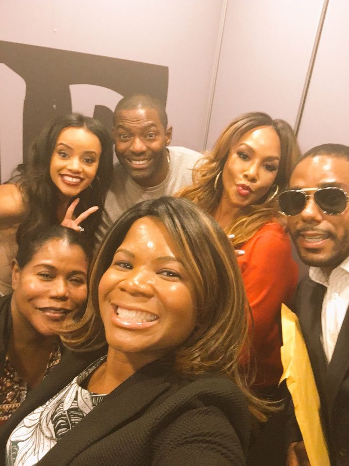 Say Cheese: Alonda Thomas and the cast of Bobbi Kristina” on the way to the Build Series interview in New York (Clockwise from bottom: Jalila Larsuel [publicist], Joy Rovaris, Hassan Johnson, Vivica A. Fox, and BJ Coleman [publicist])