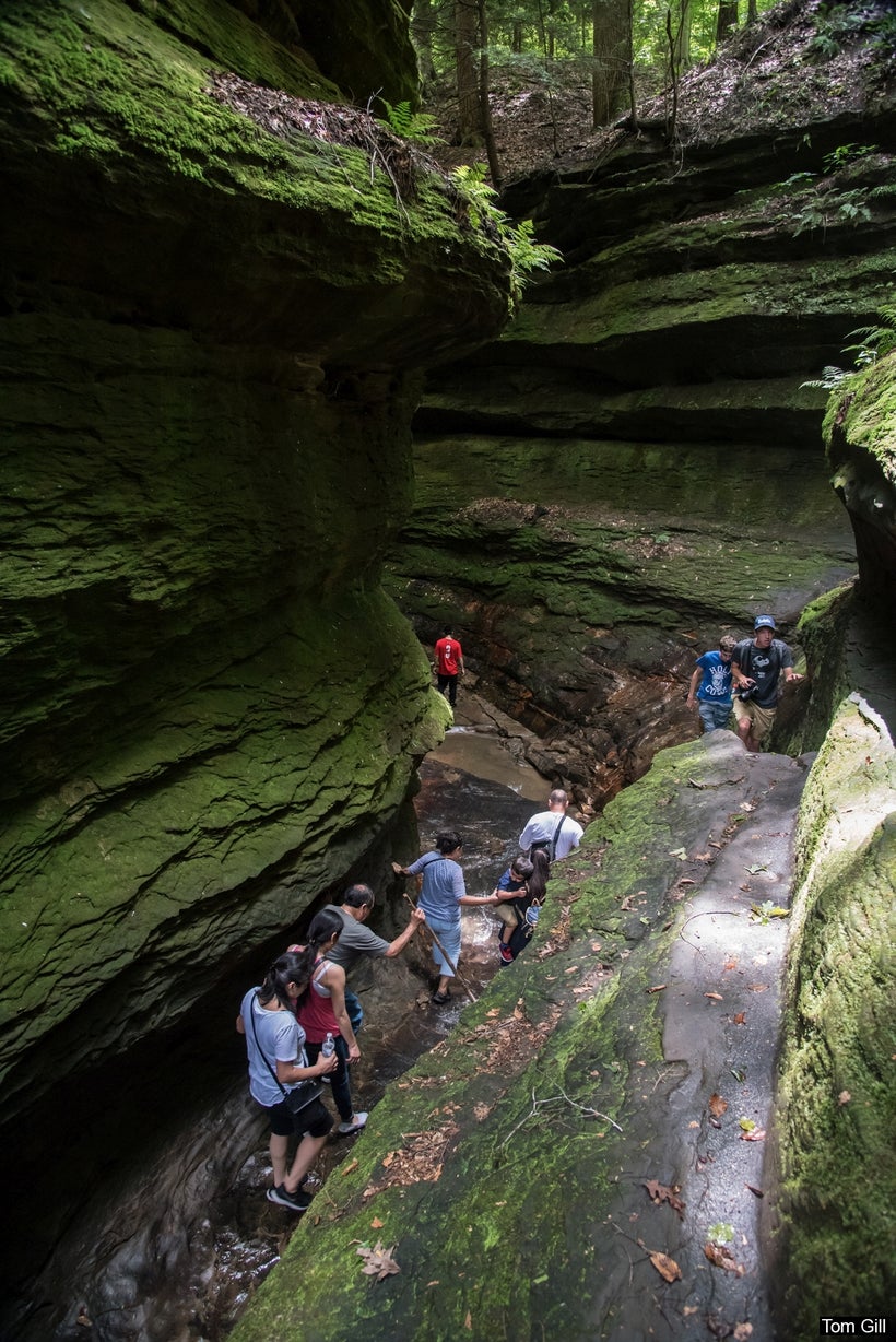 The trail narrows and the creek bed becomes the path, but a ledge and steps cut into the canyon wall allow hikers to keep the