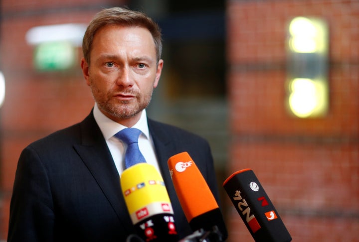 Free Democratic Party (FDP) leader Christian Lindner gives a statement as he arrives for the board meeting at the party headq