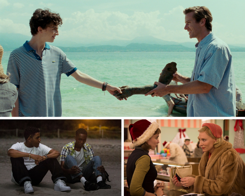 Clockwise from top: "Call Me by Your Name," "Carol" and "Moonlight."
