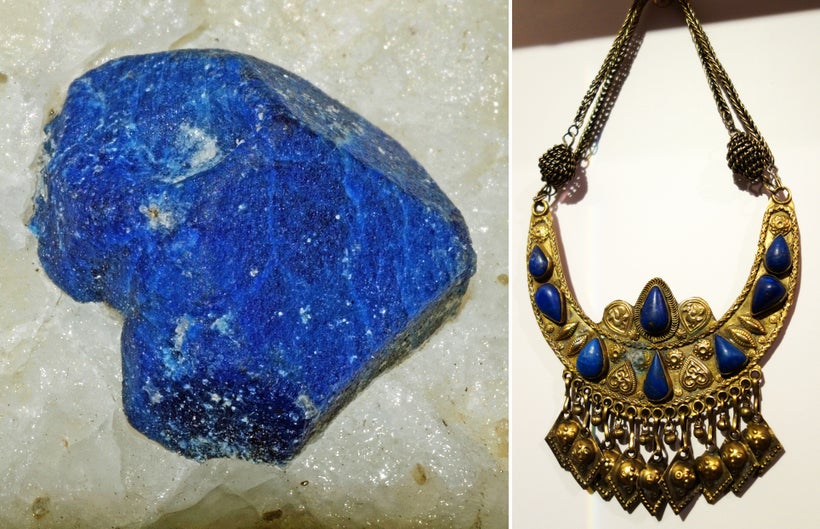 On the left, a lapis lazuli rock from Afghanistan’s Badakhshan Province sits in a chunk of calcite. On the right, a lapis-dec