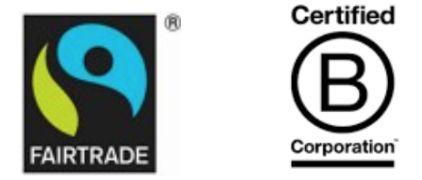 Certifications include the Fairtrade Mark & Certified B Corporations 