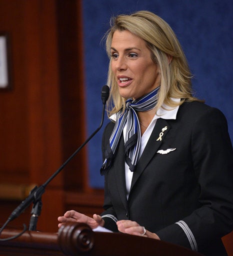 Sara Nelson, international president of the Association of Flight Attendants-CWA and a 21-year United Airlines flight attendant. 