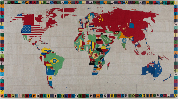 <p>Alighiero Boetti, <em>Mappa (Map),</em> 1988, embroidery on linen on stretcher, 121 x 221 x 3 cm / 47 5/8 x 87 x 1 1/8 inches.</p>