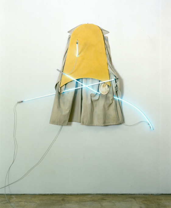 Mario Merz, Impermeabile (Raincoat), Raincoat, 1966, wood, wax, neon Overall: 126 x 170 x 40 cm / 49 5/8 x 66 7/8 x 15 3/4 in (approx.) Coat: 126 x 108 x 5 cm / 49 5/8 x 42 1/2 x 2 in