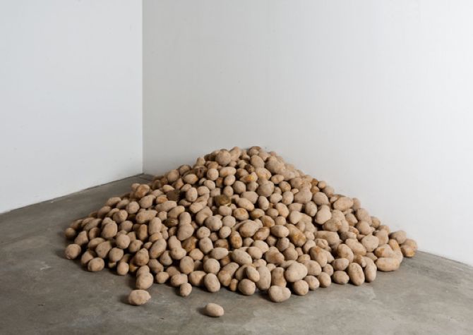 <p>Giuseppe Penone, <em>Patate (Potatoes),</em> 1977, five bronze casts, potatoes. Installation dimensions variable.</p>