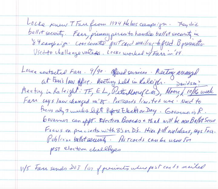 Gerald Hebert's notes on Thomas Farr participating in an October 1990 meeting about sending misleading postcards to black voters in North Carolina. Farr told a Senate committee earlier this year he didn't participate in the scheme as it was being developed.