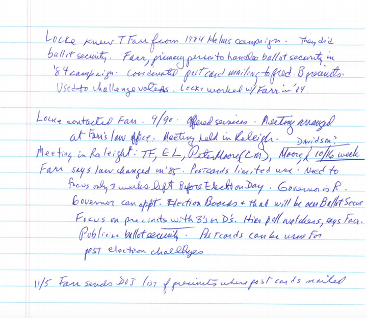 Notes from J. Gerald Hebert, a former Justice Department official, show that Thomas Farr may have known about a plan to send postcards targeting African-American voters earlier than he told the Senate.