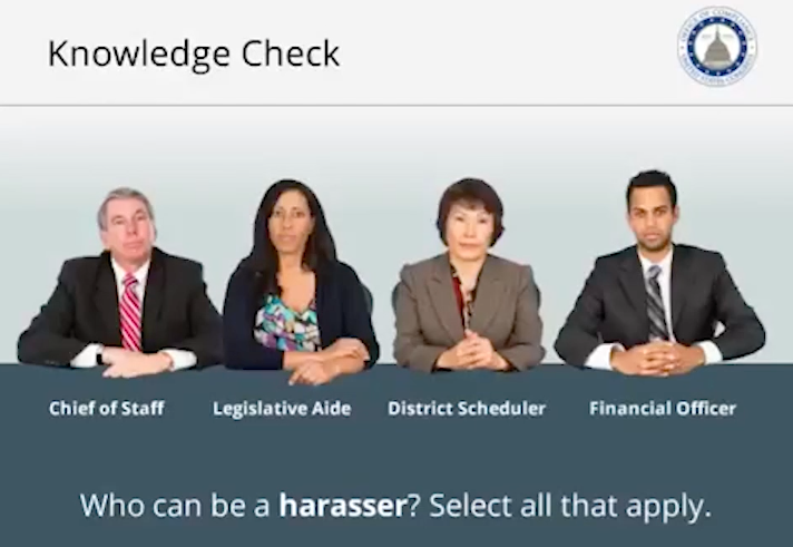 A screenshot from the Office of Compliance's sexual harassment training video.