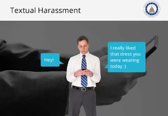 Another screenshot from the Office of Compliance's sexual harassment training video.