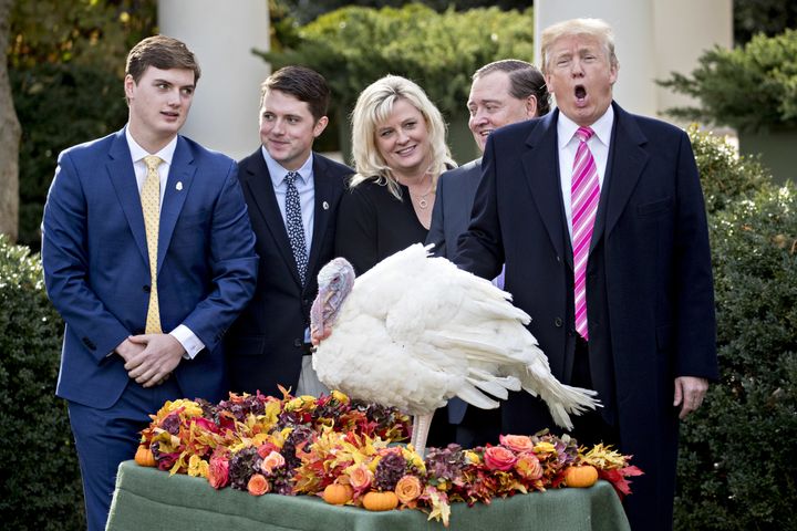 Trump pardons the National Thanksgiving Turkey, Drumstick, during a ceremony in the Rose Garden.