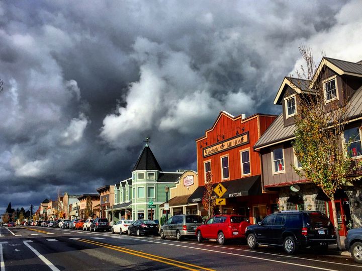 Troutdale is a picturesque little town with buildings painted in pastels to contrast with the often dramatic swirling skies.