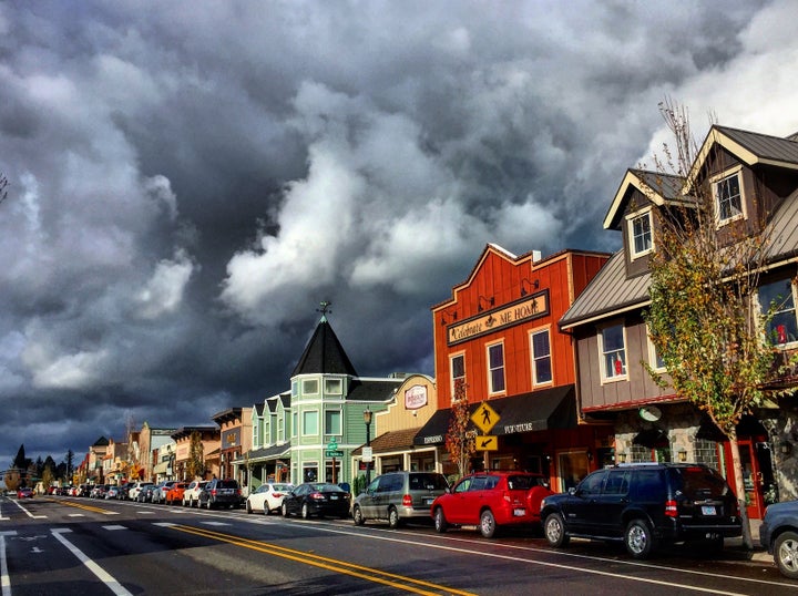 Troutdale is a picturesque little town with buildings painted in pastels to contrast with the often dramatic swirling skies.