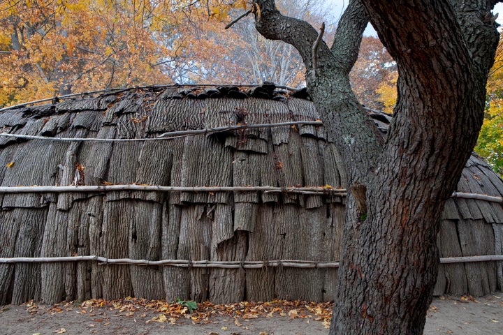 A nush wetu, a house with three fire pits inside, is covered in bark at the Wampanoag Homesite, on Nov. 8, 2013, in Plymouth, Massachusetts.