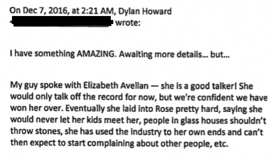 Howard wrote to Weinstein describing the Elizabeth Avellan interview.