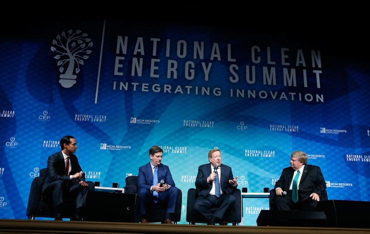 (Right to Left) Mayor Dale Ross, Georgetown, TX, Mayor Jim Brainard, Carmel, IN, Mayor Greg Stanton, Phoenix, AZ, and San Antonio, TX Mayor Julian Castro at the October 2017 National Clean Energy Summit in Las Vegas, NV.  