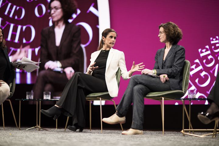 Livia Firth (left) and Jessica Simor QC (right) speaking on a panel chaired by Lucy Siegle at Copenhagen Fashion Summit, 2017 