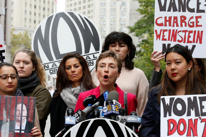 Members of the National Organization for Women hold a rally to call upon Manhattan District Attorney Cyrus Vance Jr. to reopen a criminal investigation against Harvey Weinstein.