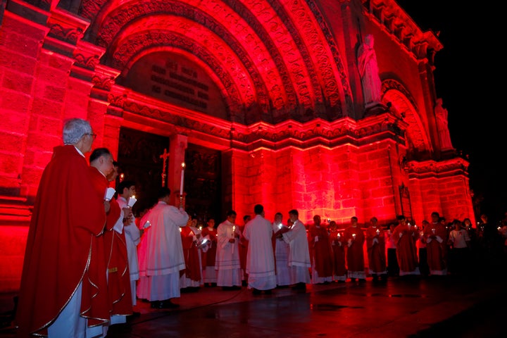 The Manila Cathedral in the Philippines lights up for #RedWednesday on Nov. 22.