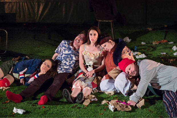 <p>Susanna Millonzi, Eric Tucker, Kelley Curran, Zuzanna Szadkowski, and Edmund Lewis star in Bedlam's <em>Peter Pan</em>, directed by Eric Tucker, at the Duke on 42nd Street.</p>