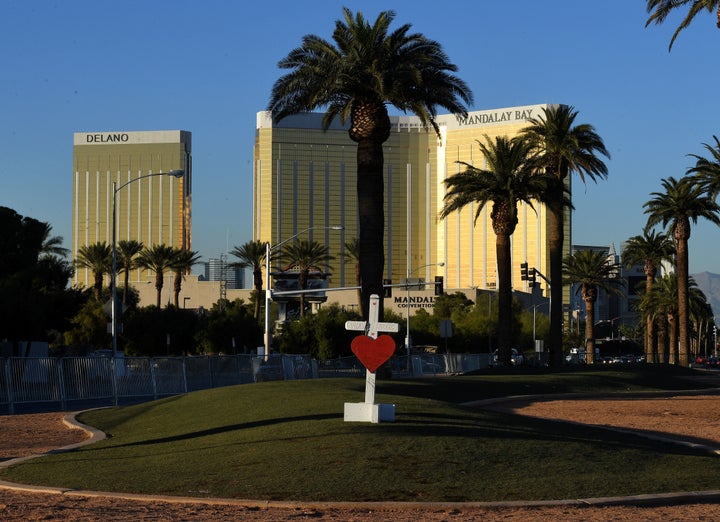 A solitary cross remains at a memorial site in front of the Mandalay Hotel for the 58 victims of the Oct. 1 Vegas massacre. The other 57 crosses have been moved to the Clark County museum. 