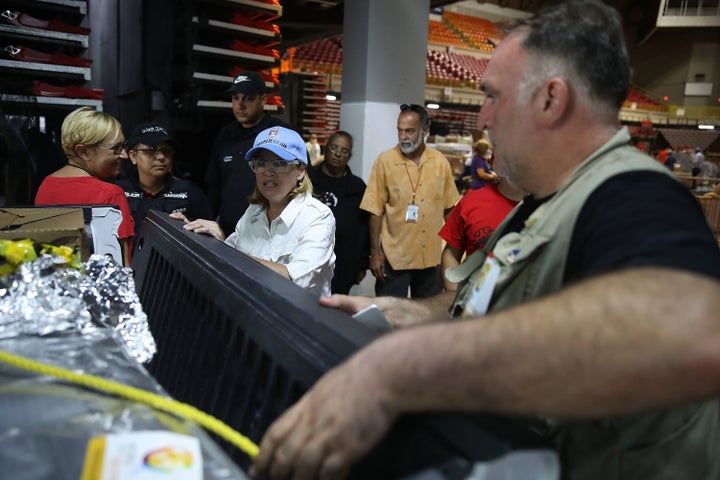 Chef José Andrés is seen preparing a truck of relief supplies with San Juan Mayor Carmen Yulín Cruz 