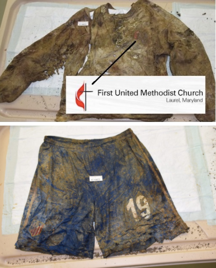 The victim was found wearing this gray United Methodist Church sweatshirt and these blue athletic shorts.