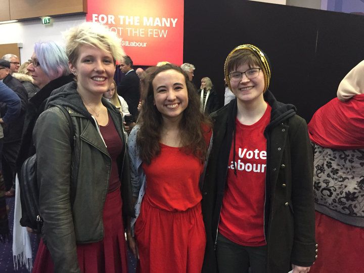 Students Erin Gilbey, Marcie Winstanley and Emma Gordon wore red especially for the Labour rally