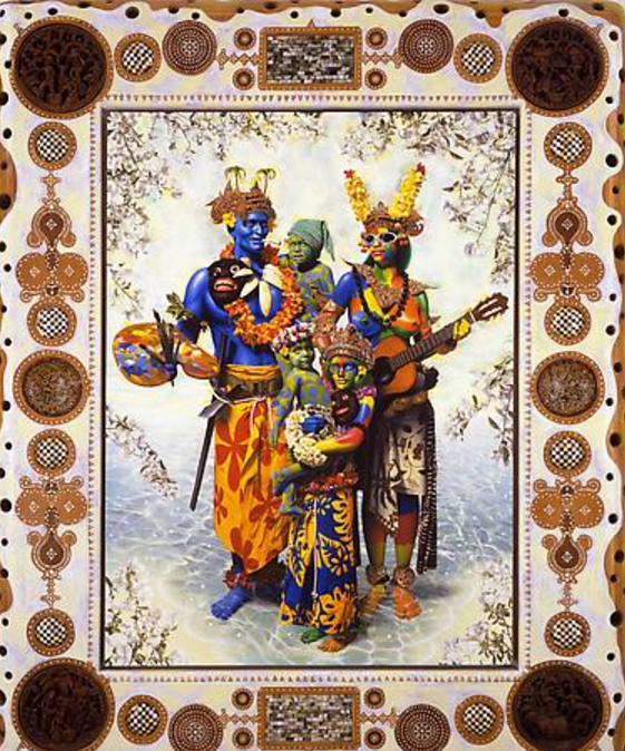 <p>Ashley Bickerton, <em>Famili</em>, 2007, acrylic and digital print on canvas in carved wood, coconut, mother of pearl and coin inlaid artist frame, 86 x 72 x 7 inches, private collection.</p>
