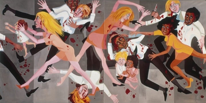 Faith Ringgold, American People Series #20: Die, 1967, Oil on canvas, two panels,72 × 144" (182.9 × 365.8 cm), Collection of the Museum of Modern Art, New York, gift of the Modern Women's Fund.