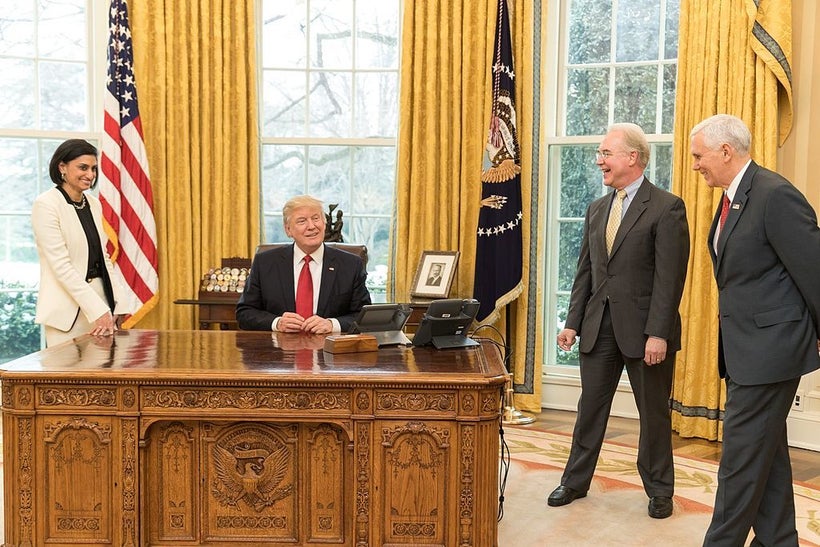 President Donald Trump shares a laugh with (clockwise from left) Ms. Seema Verma, Administrator of the Centers for Medicare a